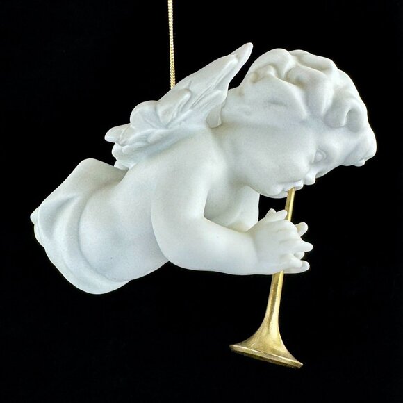 Vintage Porcelain Cherub Angel Hanging Figurine Gold Cord Brass Trumpet Ornament - Picture 3 of 16